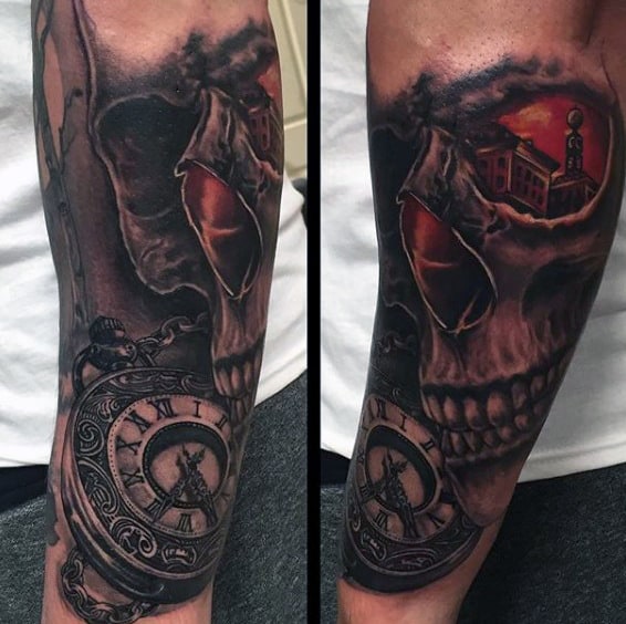 Mens Forearms Haunted Skull Pocket Watch Tattoo