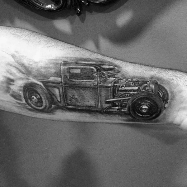 Mens Forearms Hot Rod Grey Sketch Tattoo