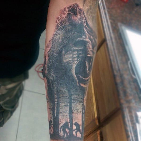 Mens Forearms Howling Werewolf And Trees Tattoo
