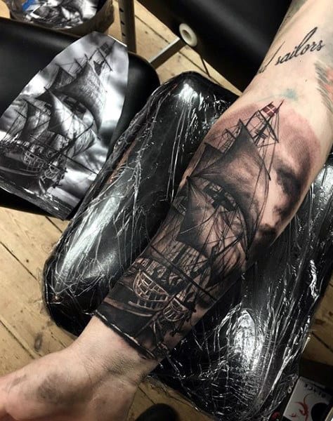 Mens Forearms Impressive Black And Grey Ship Tattoo
