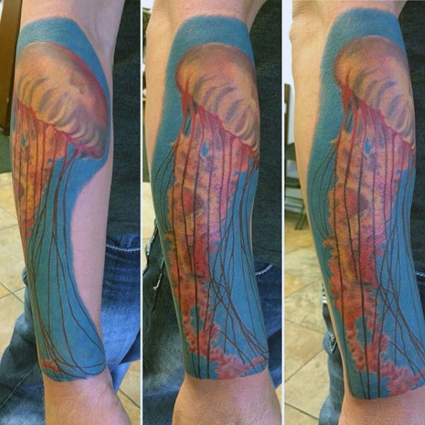 Mens Forearms Jellfish With Red Tentacles Tattoo