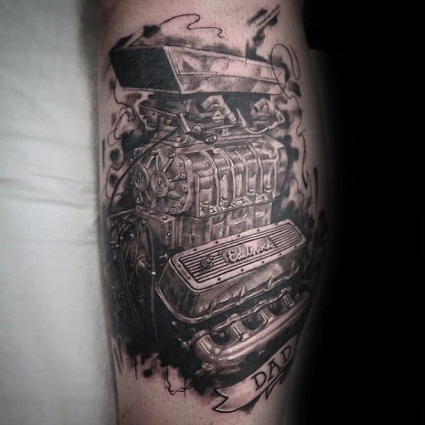 Mens Forearms Large Engine Tattoo