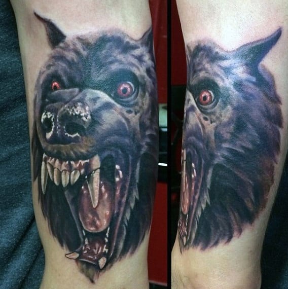 Mens Forearms Large Fanged Werewolf Head Tattoo