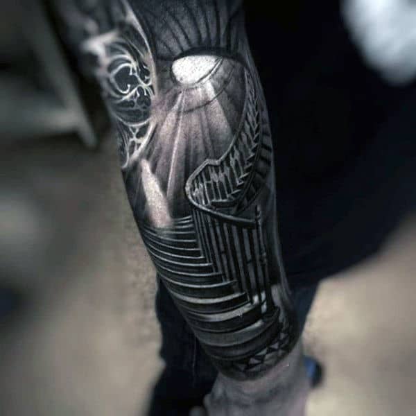 Mens Forearms Light Filtering On Spiral Staircase Black And Grey Tattoo