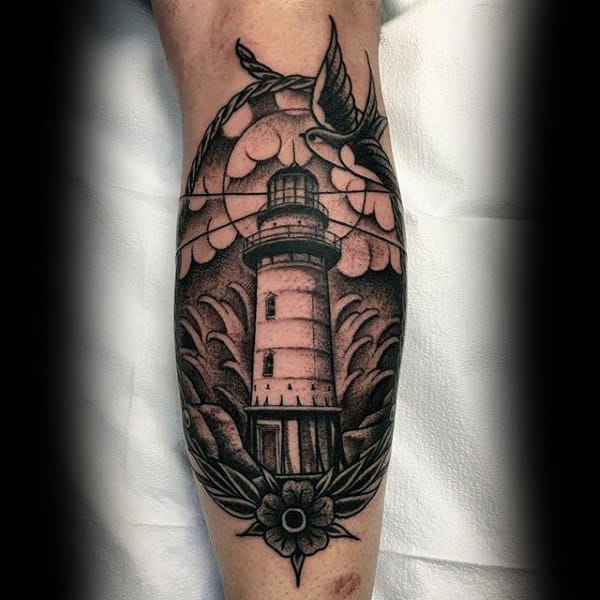 Mens Forearms Lighthouse Bird Dotwork Tattoo