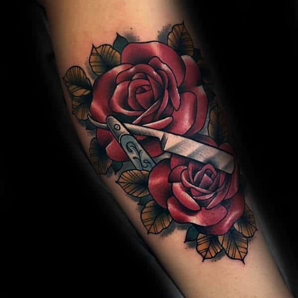 Mens Forearms Lovely Magenta Roses And Straight Razor Tattoo
