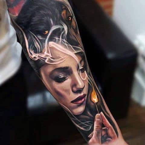 Mens Forearms Manly Tattoo Of Girl With Flame Tattoo Ideas