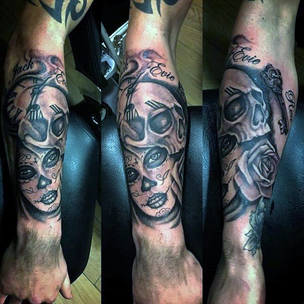 Mens Forearms Merged Skull And Woman With Key Day Of The Dead Tattoo