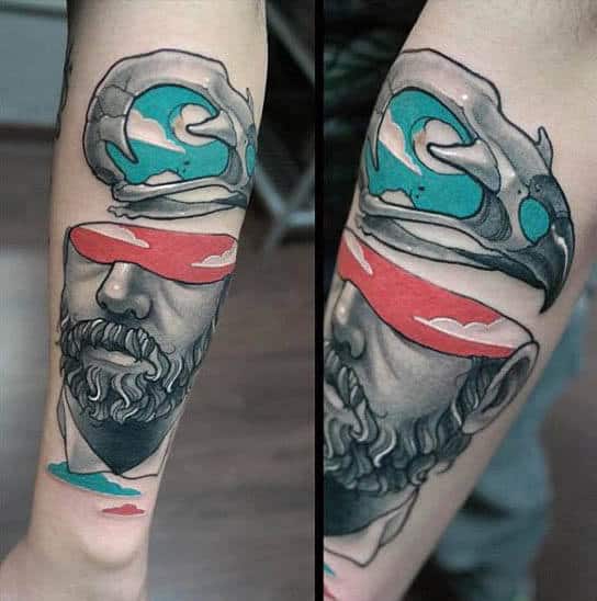 Mens Forearms Modern Art Blindfolded Man Tattoo
