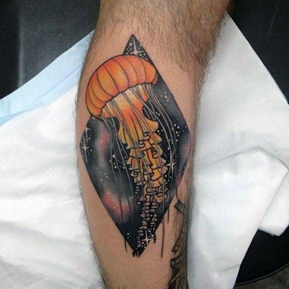 Mens Forearms Orange Jellyfish And Starrynight Tattoo