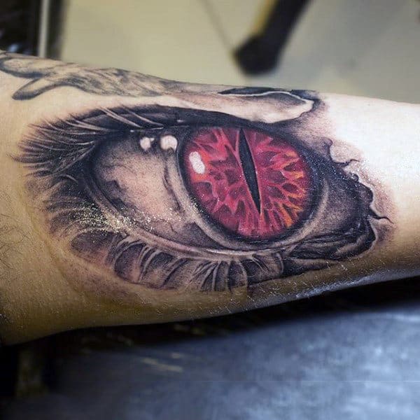 Mens Forearms Pink Eyeball With Black Slit Tattoo