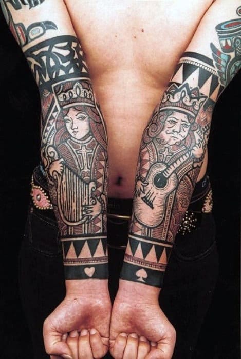 Mens Forearms Queen And King Of Spades Tattoo