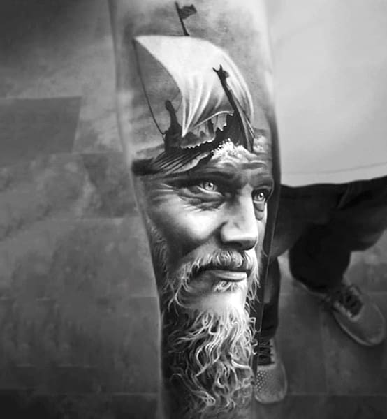 Mens Forearms Realistic Black And White Tattoo Of Bearded Man And Ship