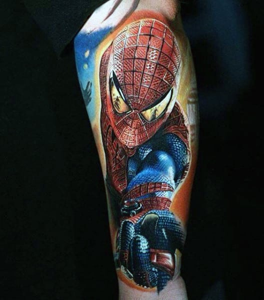 Mens Forearms Realistic Spiderman Tattoo