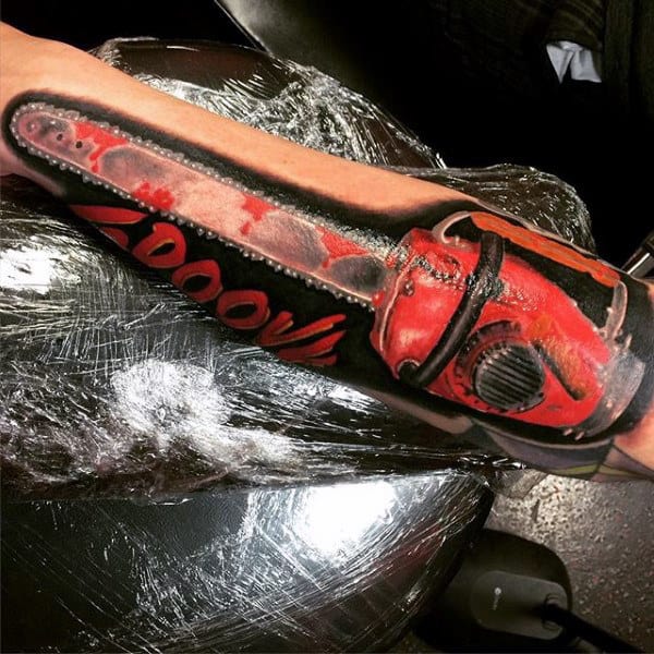 Mens Forearms Red Black Halloween Themed Tool Tattoo