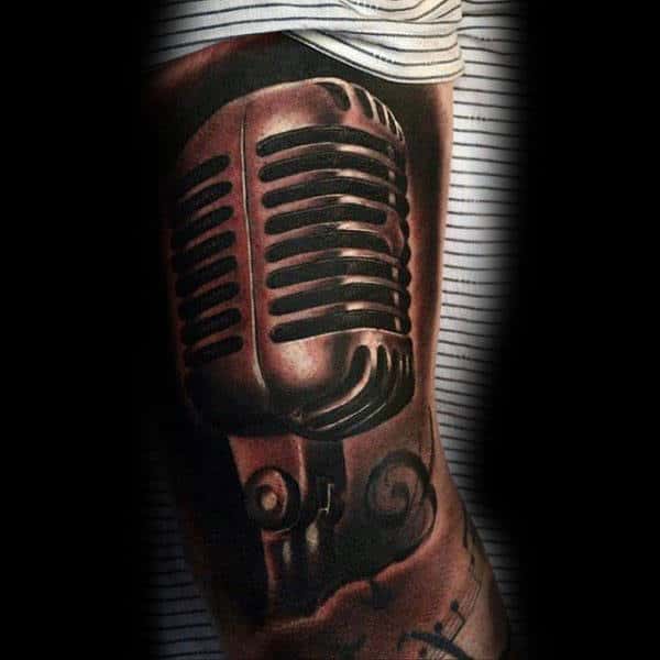 Mens Forearms Sepia Toned Microphone Tattoo