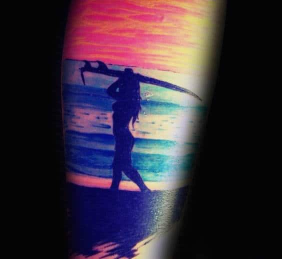Mens Forearms Sexy Lady Surf Orange Sky Tattoo