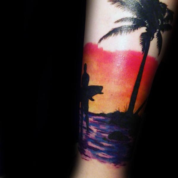 Mens Forearms Shiny Orange Sky Surf Tattoo