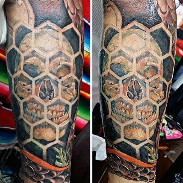 Mens Forearms Skull Peeping Out From Honeycomb Window Tattoo