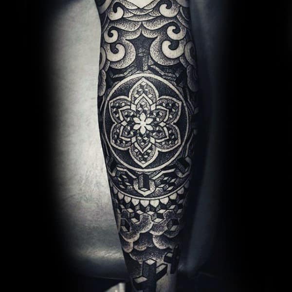Mens Forearms Smashing Black Dotwork Tattoo