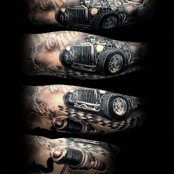 Mens Forearms Smashing Car Hot Rod Tattoo