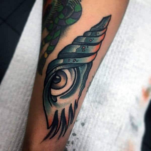 Mens Forearms Spiral Shell With Eye Tattoo