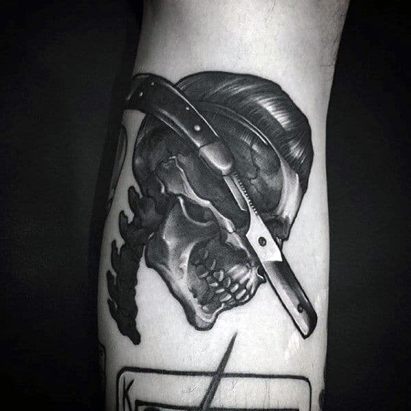 Mens Forearms Straight Razor And Skull Tattoo