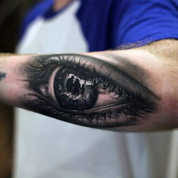 Mens Forearms Surreal Black Eye Tattoo