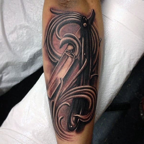 Mens Forearms Swirls And Straight Razor Tattoo
