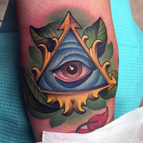Mens Forearms Triangle Purple Eye Tattoo Green Leaves