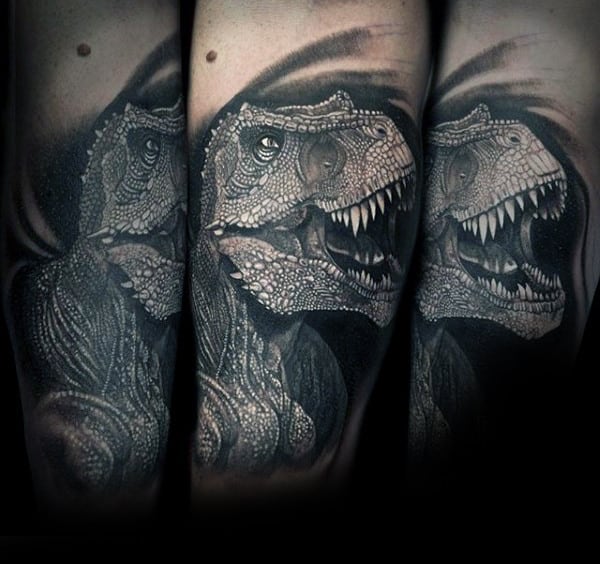 Mens Forearms Well Detailed Grey Dinosaur Tattoos