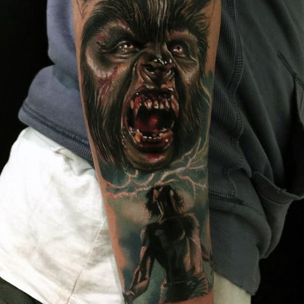 Mens Forearms Werwolf With Bloody Fangs Tattoo