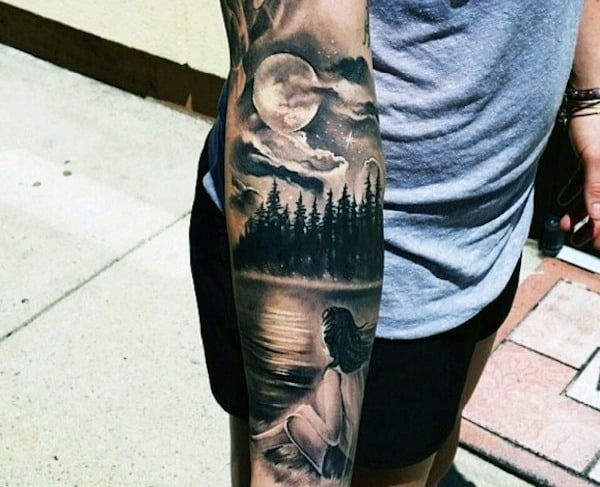 Mens Forest Moon Sky Forearm Sleeve Tattoo Design Ideas