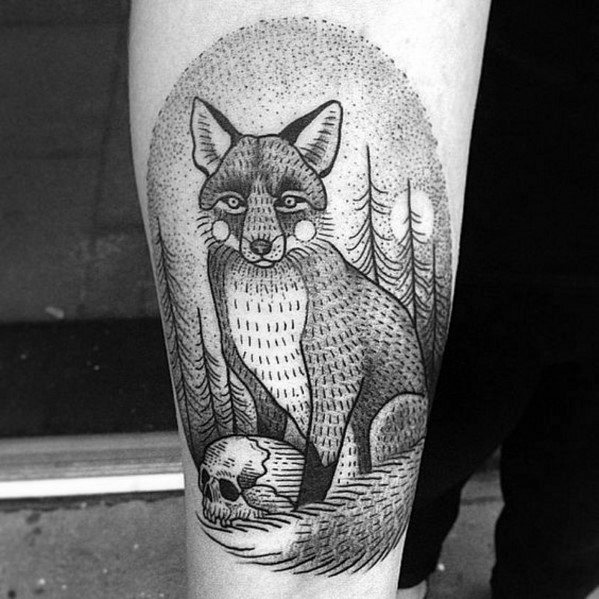 Dotwork tattoo of a stylized fox sitting in a forest with a skull by its tail, framed by trees and a textured sky background.