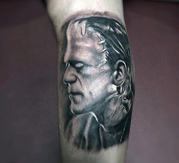 Mens Frankenstein Leg Calf Shaded Tattoos