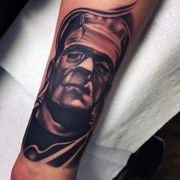 Mens Frankenstein Portrait Tattoo On Forearms