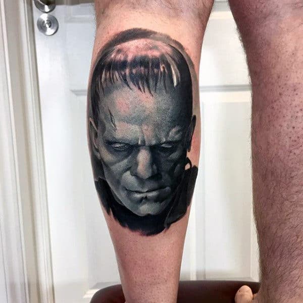 Mens Frankenstein Tattoo Designs On Back Of Leg Calf