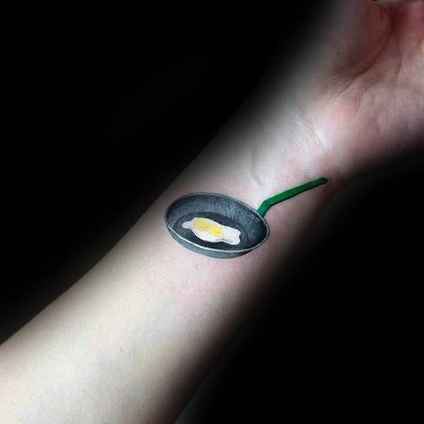 Mens Frying Pan Small Detailed Wrist Tattoo With 3d Design