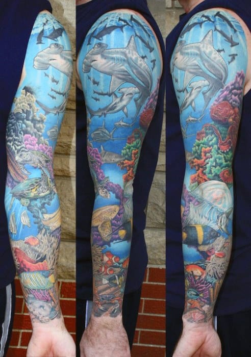 Mens Full Arm Ocean Themed Sleeve Tattoo Designs