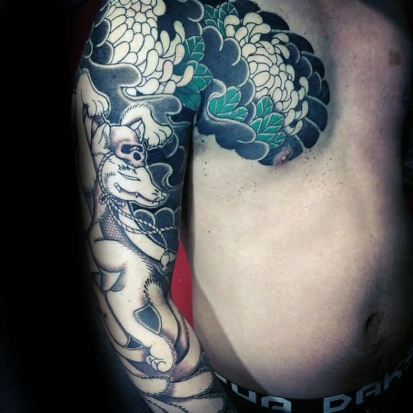 Mens Full Arm Sleeve And Chest Japanese Kitsune Fox Tattoos