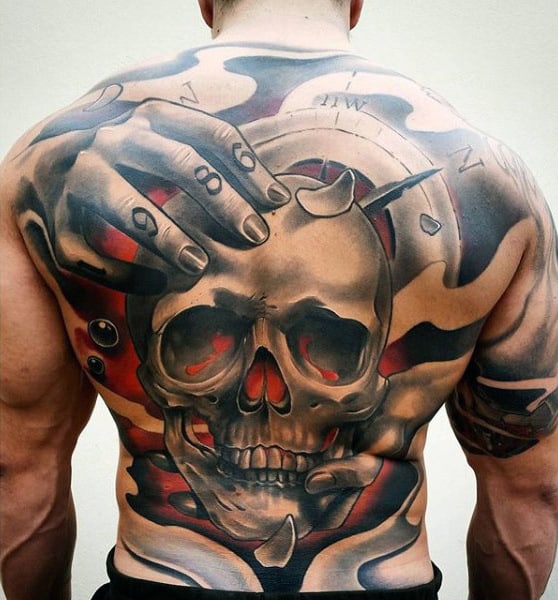 Mens Full Back 1986 Hands Holding Skull Tattoo