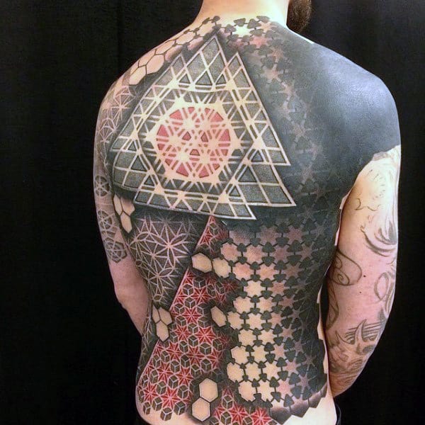 Mens Full Back 3D Mandala Patterns With Cubes And Hexagons Tattoo