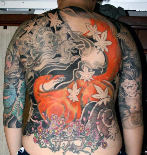 Mens Full Back Amazing Orange Fox Tattoo