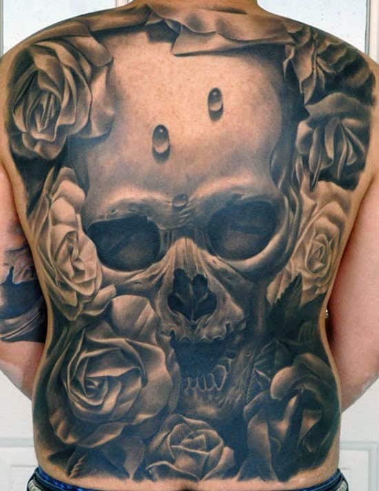 Mens Full Back Black And Grey Skull And Rose Tattoo