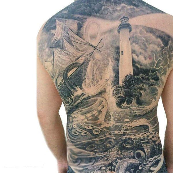Mens Full Back Dusty Lighthouse Under Water Life And Struggling Ship Tattoo