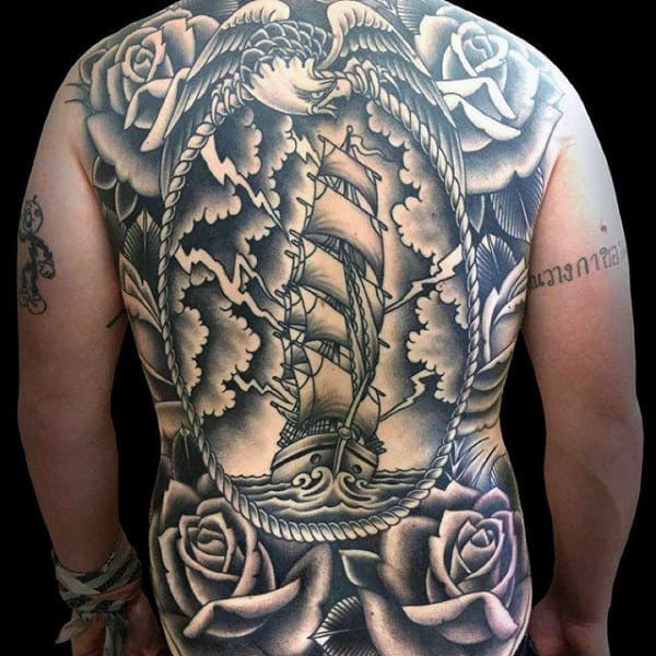 Mens Full Back Fabulous Large Sailed Ship On Stormy Night And Rose Tattoo