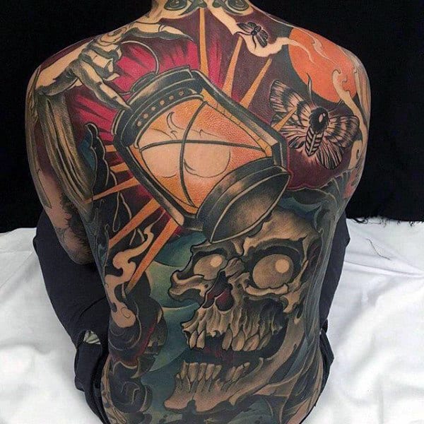 Mens Full Back Flaming Lantern Banging Skull Tattoo
