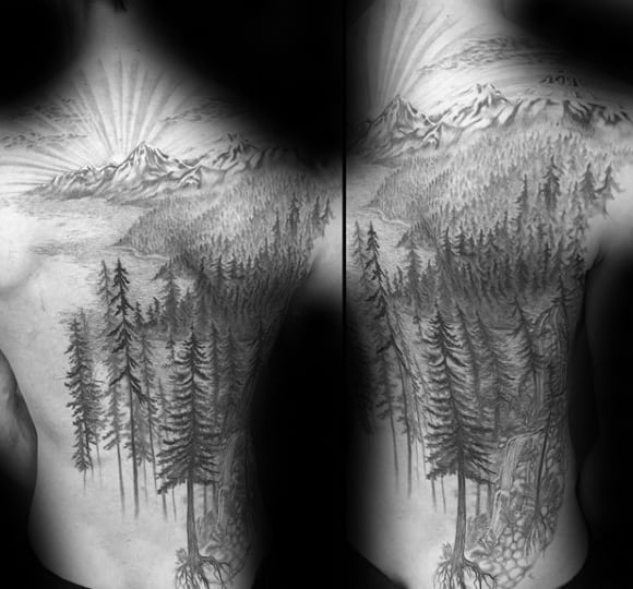 Mens Full Back Forest Nature Tattoo Design Ideas