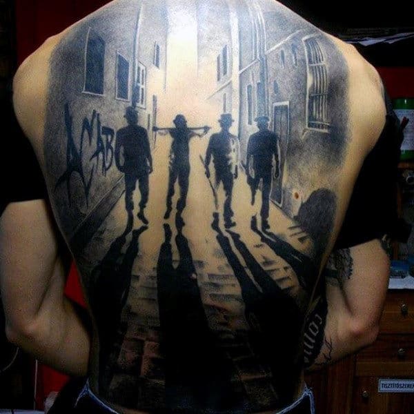 Mens Full Back Four Friends On A Lane Shadow Effect Tattoo