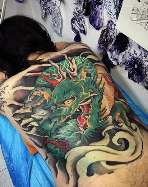 Mens Full Back Gorgeous Green Chinese Dragon Tattoo